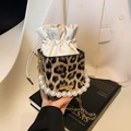 Leopard print bucket bag with pearl handle and golden chain strap for women - Khaki