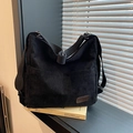 Bolso tote negro de pana minimalista con correa ajustable y parche de moda - Negro