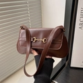 Vintage dark brown PU leather baguette bag with golden horsebit detail for women - Brown