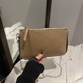 Khaki woven crossbody bag with silver chain strap and metal zipper for women - Khaki