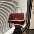 Burgundy quilted small square handbag with plush white faux fur trim and gold buckle - Red