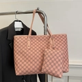 Pink tote bag set with brown M-pattern logo print and matching zipper pouch for women - Pink