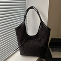 Minimalist black faux suede tote bag with ribbon bow and large capacity for daily commuting - Black