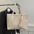 Chic beige monogram tote bag with matching pouch and gold rivet details for daily wear - White