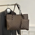 Retro dark brown large tote bag with M-letter print and matching inner zipper pouch - Brown