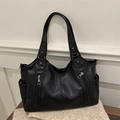 Chic black tote bag with lychee texture and silver zippers for daily commute style - Black