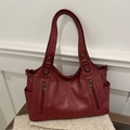 Retro deep red tote bag in soft PU leather with decorative zippers and side pockets - Red