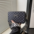 Black rectangular crossbody bag with grey M-letter print and silver bow ornament - Black