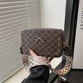 Brown vintage square crossbody bag with M-pattern and colorful woven strap - Brown
