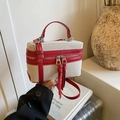 Minimalist beige canvas and red leather small square bag with adjustable strap - Red
