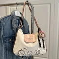 Sac à bandoulière en toile blanche avec broderie puppy et rabat en cuir rose élégant - Avec Pendentif / Rose