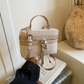 Minimalist beige canvas and tan leather small square crossbody bag with top handle - Khaki