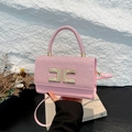 Pink glitter evening bag with gold metal logo buckle and smooth leather base - Pink