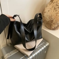 Large capacity black PU leather tote bag with wide strap and silver buckle in dark black - Black
