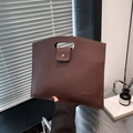 Dark brown leather business tote with lychee grain and stylish handle cutout - Brown