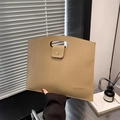 Light khaki minimalist leather handbag with lychee texture and cutout handle grip - Khaki
