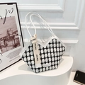 Grande borsa tote in tweed alla moda con motivo a scacchi bianchi e neri e manici lunghi - Griglia Bianca