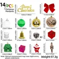 Detailed view of 14-piece Christmas tree ornament set including baubles and bows - Deluxe Christmas Decoration Pack