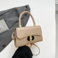 Minimalist beige leather handbag with golden metal lock and hard handle for women - Khaki