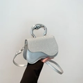 Silver glitter crossbody square bag with unique round metal handle and slim strap - Silver