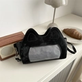 Cat ear shaped shoulder bag in black velvet with grey mesh and thin strap - No Pendant / Black
