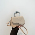 Elegant beige crossbody bag with sequin flap and unique silver metallic top handle - Khaki