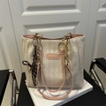 Fashionable woven tote bag in cream white with pink leather straps and gold chain detail - With Pendant / Pink
