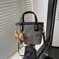 Minimalist grey canvas bucket bag with black leather handle and a cute animal charm - With Pendant / Black