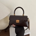 Dark brown retro leather handbag with gold buckle and adjustable shoulder strap - Dark Brown