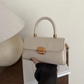 Elegant cream white small square handbag with golden metal clasp and round top handle - Khaki