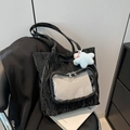 Black pleated tote bag with clear front pocket and a cute blue star pendant - No Pendant / Black