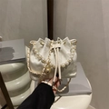 Off-white jacquard satin bucket bag with pearl handle and floral embroidery detail - White Floral