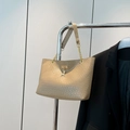 Elegant beige tote bag with crocodile pattern, gold chain strap and deer charm detail - Khaki