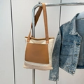 Sac fourre-tout en paille beige avec poche en cuir marron pour la plage ou le quotidien - Marron
