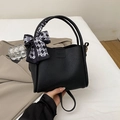Chic black litchi grain bucket bag with checkered scarf and dual top handles - With Silk Scarf / Black
