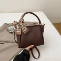 Deep brown pebble leather bucket bag with a checked bow and top handle - With Silk Scarf / Brown