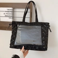 Glossy black tote bag with transparent front pocket and bow ribbon side details - Black