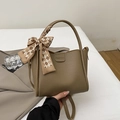 Khaki lychee texture leather bucket bag with decorative plaid scarf on handle - With Silk Scarf / Khaki