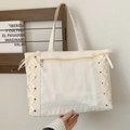 Japanese style white canvas ita bag with clear window and side ribbon bow details - Off White