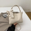 Beige bucket bag in litchi grain leather with fashion logo and purple silk scarf - With Silk Scarf / White