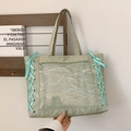 Japanese style sage green tote bag with clear display pocket and blue ribbon lacing - Green