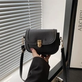 Minimalist black lychee texture leather crossbody bag with elegant gold metal lock - Black