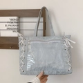Silver pleated tote bag with clear PVC window and white ribbon cross ties detail - Gray