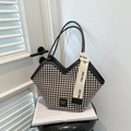 Sac fourre-tout tendance avec motif pied-de-poule et lanières en cuir noir pour femmes - Noir