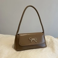 Retro coffee brown patent leather underarm bag featuring a golden bow metal buckle - Dark Khaki