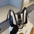 Retro underarm bag featuring black leather and beige woven fabric with gold metal buckle - Black
