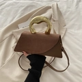 Brown faux suede square handbag with a unique gold sculptural metal handle and shoulder strap - Brown