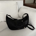 Classic black lychee pattern crescent bag with adjustable strap and golden hardware - Black