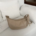 Minimalist light khaki half-moon shoulder bag with lychee grain texture and knot detail - Khaki