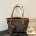 Deep brown monogram tote bag with matching pouch and slim brown leather straps - Black